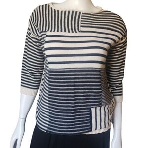 CHAPS Sweater Women's Medium 3/4 Sleeve Colorblock Stripe Knit Beige Navy Blue